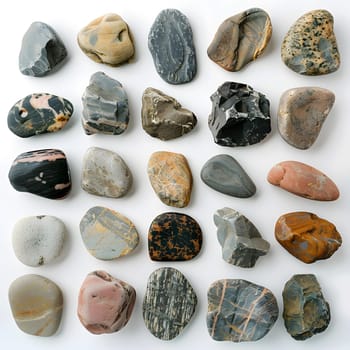 A collection of various natural rocks are artfully arranged in a square display on a clean white surface, showcasing the beauty of these natural materials