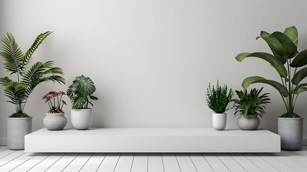 A collection of houseplants in flowerpots arranged on a white wooden shelf in a grey interior design setting, bringing a touch of nature indoors