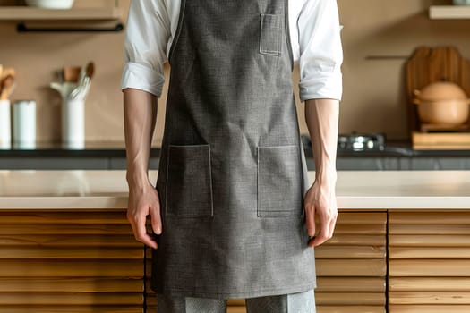A chef wearing a dark gray linen-cotton blend professional apron stands in front of the kitchen counter. AI generated.