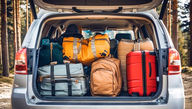 The trunk of a car is filled with luggage and backpacks