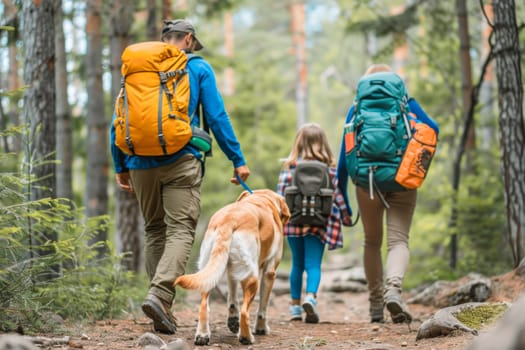 In the woods, a man, woman, and child stroll with a dog on a leash. Nature and people interact with a working animal