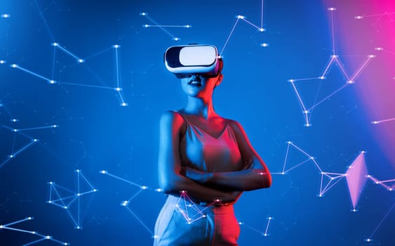 Female standing wearing white VR headset and sleeveless connecting metaverse, future cyberspace technology, posing crossed arms with neon light look like she living in cyberpunk age. Hallucination.
