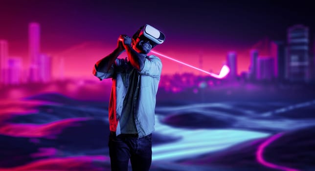 Caucasian man playing golf in metaverse while wearing VR goggles to enter simulated virtual world. Handsome gamer using virtual reality glasses enter in neon golf course. Innovation. Sport. Deviation.