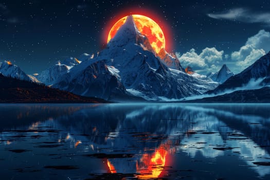 Stunning Night extraterrestrial scene. Huge mountains against Starry sky. Fantasy landscape. Alien planet. Generative AI..