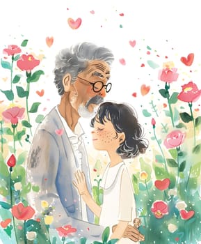 An older man wearing glasses and a young girl are joyfully embracing in a picturesque flower field, showcasing a beautiful interaction between different generations in nature