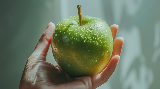 A woman's hand holds out a green juicy apple.