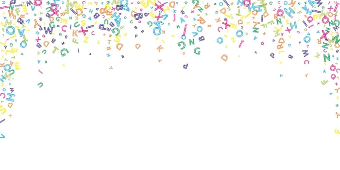 Scattered letters of latin alphabet. Colorful childish floating characters of English language. Foreign languages study concept. Back to school banner .