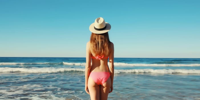 Summer vacation, rear view of beautiful young woman in bikini swimsuit, tourist straw hat on the beach on sea coast with waves
