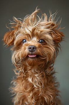 A livercolored terrier dog with a disheveled coat is attentively gazing at the camera, showcasing its characteristic fur and playful expression