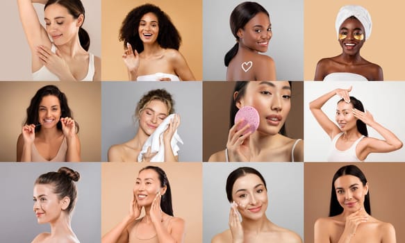 Featuring women with diverse skin tones, this collage captures the joy and serenity of their skincare routines in a light, airy studio space.