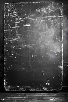 A monochrome photo captures a chalkboard in a dark room, revealing tints and shades of gray. The rectangle surface reflects transparency through the glass, creating a mysterious atmosphere