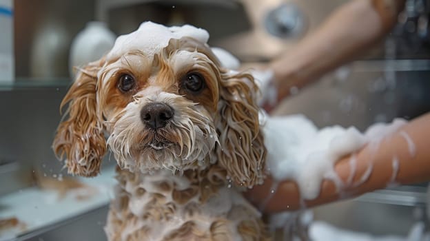 A dog receiving a grooming session at a pet salon, Groomed by professional at pet salon, Pet care.