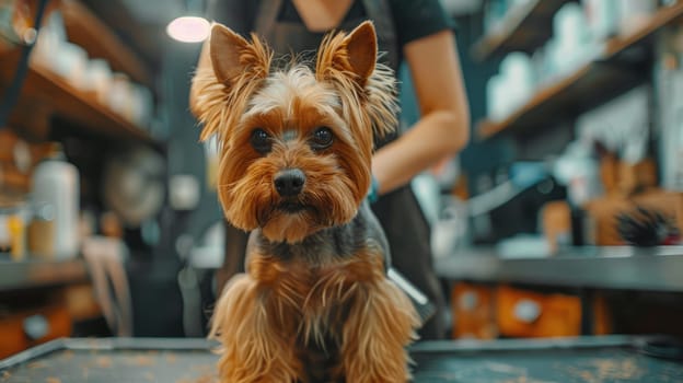 A dog receiving a grooming session at a pet salon with a professional using tools to trim and clean the dog's fur.