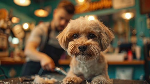 A dog receiving a grooming session at a pet salon with a professional using tools to trim and clean the dog's fur.