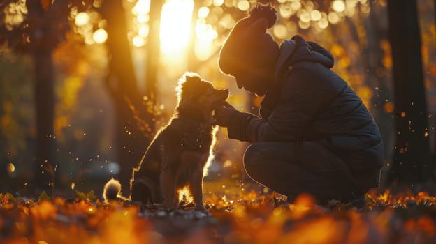 A pet owner playing with their dog in the park, Love and togetherness with pet.