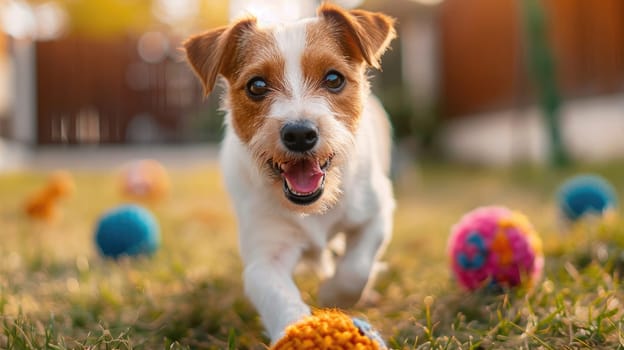 A happy dog playing with toys in a backyard, Enjoying playtime with pet.
