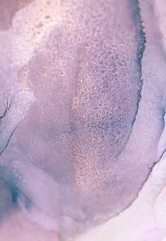 A close-up shot of an abstract painting in shades of purple, silver, and white, showcasing the organic flow and textures of liquid art.