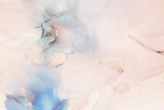 A closeup shot of a delicate abstract painting featuring a blend of soft blue, pink, and white colors with subtle gold accents.