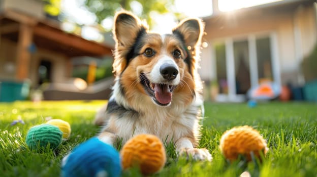 A happy dog playing with toys in a backyard, Enjoying playtime with pet.