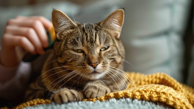 A cat being brushed by its owner on a couch, Regular grooming in pet care, Pet's health and well being.