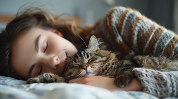 A person and their cat relaxing together on a bed, Loving relationship wit pets.