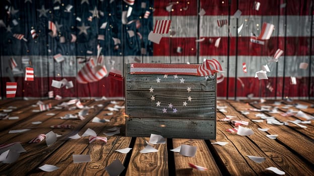 An image of a wooden crate with a faded American flag design on it. The background features a large American flag and confetti falling onto the wooden floor.