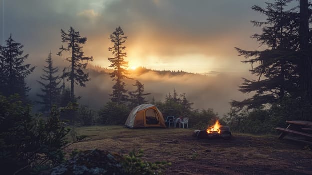 A campsite with a yellow tent, a fire pit, and a bench. The sky is cloudy and the sun is setting