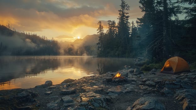 A small orange tent is set up on a rocky shore near a lake. The sun is setting, casting a warm glow over the scene. The fire in the tent is still burning, providing warmth and light for the occupants