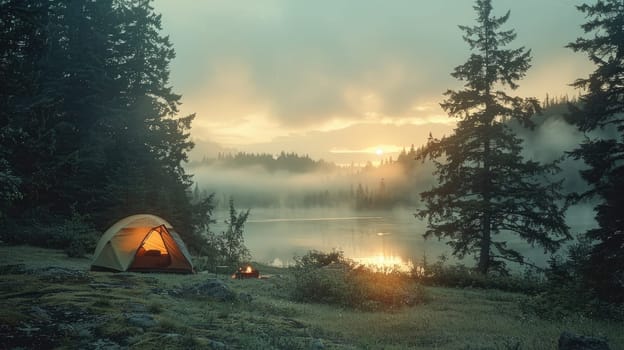 A small orange tent is set up on a rocky shore near a lake.