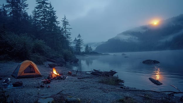 A small tent is set up by a lake, with a fire burning nearby.