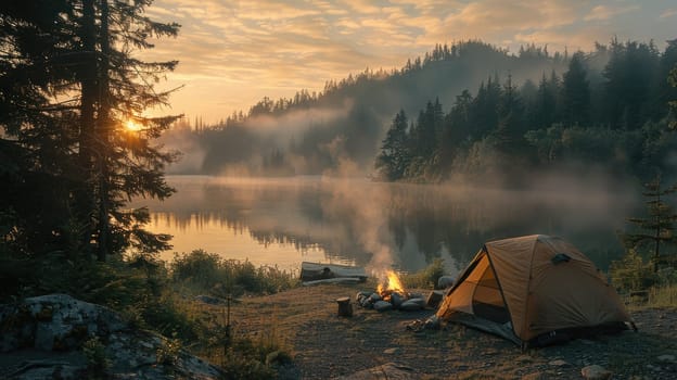 A small tent is set up by a lake, with a fire burning nearby. The scene is peaceful and serene, with the sun setting in the background