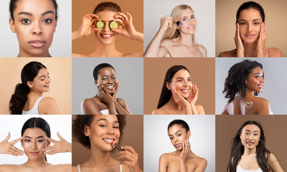 Multiethnic women of different ages showcase their beauty routines in a creatively arranged collage on a multicolored studio background.