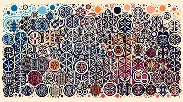 Horizontal pattern featuring Flower of Life symbols with a chaotic arrangement.