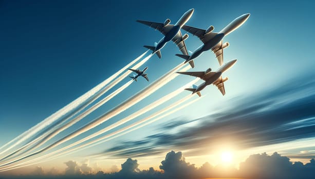 three flying planes in the sky against the backdrop of sunset