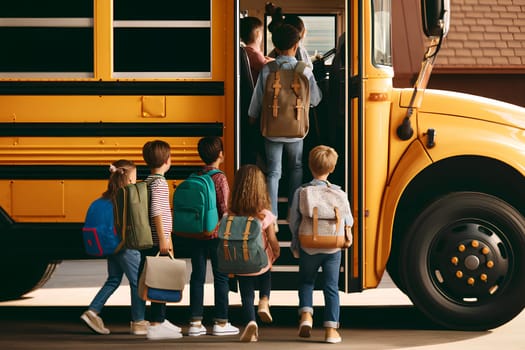 children with backpacks getting onto a school bus.