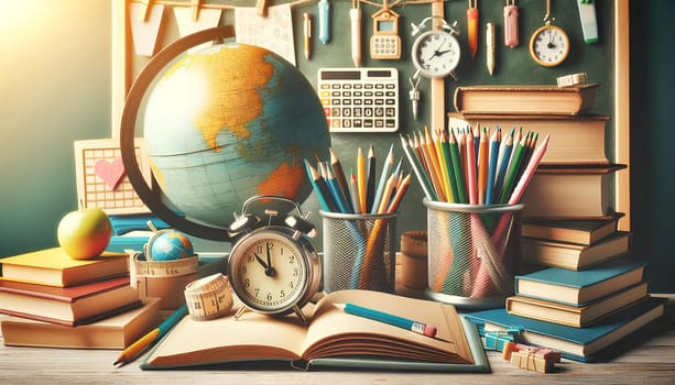 school still life with books, globe, pencils on the background of a chalkboard.