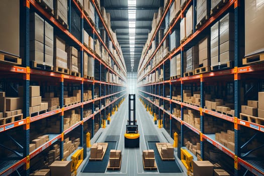 logistics warehouse with rows of shelves and racks filled with goods.