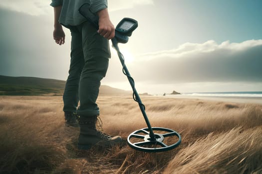 man with a metal detector on the seashore.