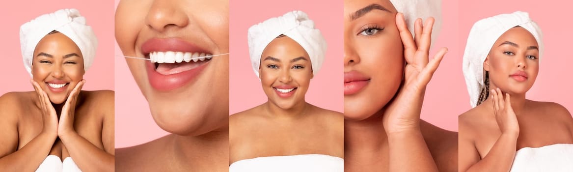 Collage of attractive young chubby Brazilian woman using skincare and makeup products, showcasing her beauty routine.