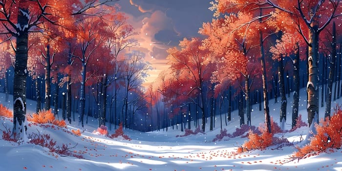 An atmospheric painting of a winter landscape featuring a snowy forest with crimson trees, set against a cloudy sky. The white slopes contrast beautifully with the vibrant red plants