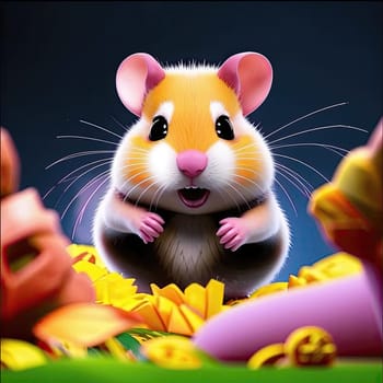 Photo of a cute hamster with coins flying and lying on the floor on a black background. An exciting game for money. Click on the furry animal and win.