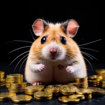 Photo of a cute hamster with coins flying and lying on the floor on a black background. An exciting game for money. Click on the furry animal and win.