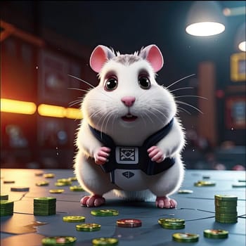 Photo of a cute hamster with coins flying and lying on the floor on a black background. An exciting game for money. Click on the furry animal and win.