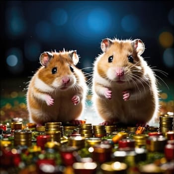 Photo of a cute hamster with coins flying and lying on the floor on a black background. An exciting game for money. Click on the furry animal and win.