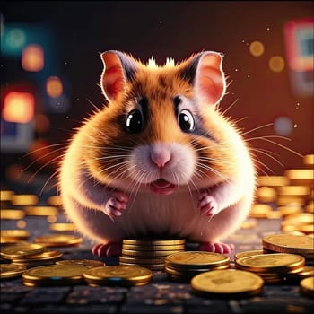 Photo of a cute hamster with coins flying and lying on the floor on a black background. An exciting game for money. Click on the furry animal and win.