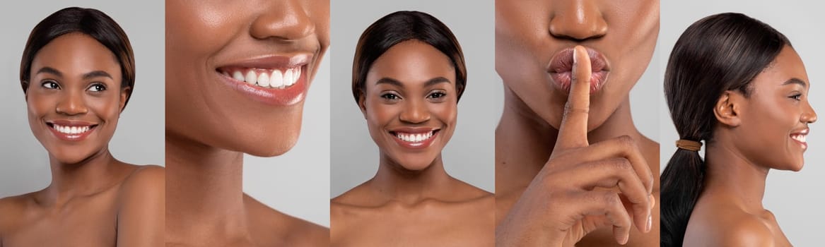 Collage of a beautiful African American woman in various poses against a grey background, showcasing natural beauty and skincare.