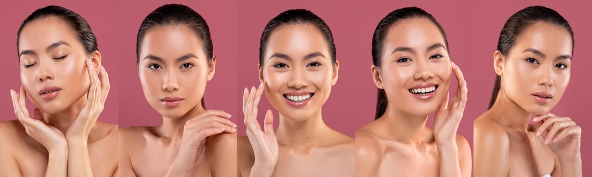 Collage of a beautiful Asian woman in various poses against a pink background, showcasing natural beauty and skincare.