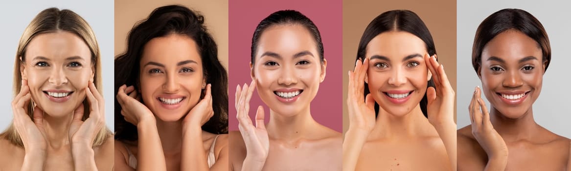Collage of multiracial women smiling in portrait mode, showcasing different skin tones and natural beauty, panorama