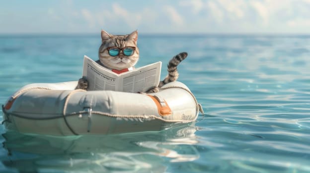 Cat in Suit Relaxes with Newspaper at Sea, Feline Executive.