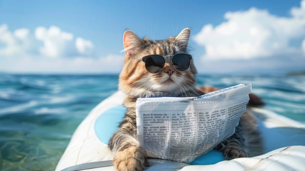 Cat in Suit Relaxes with Newspaper at Sea, Feline Executive.